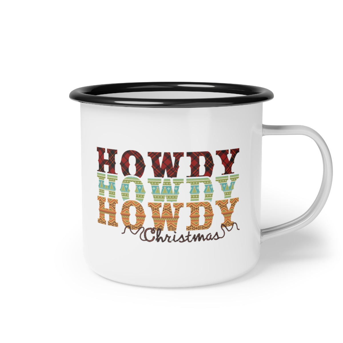 Howdy Christmas Plaid and Rope Black Rim Enamel Camp Cup Mug