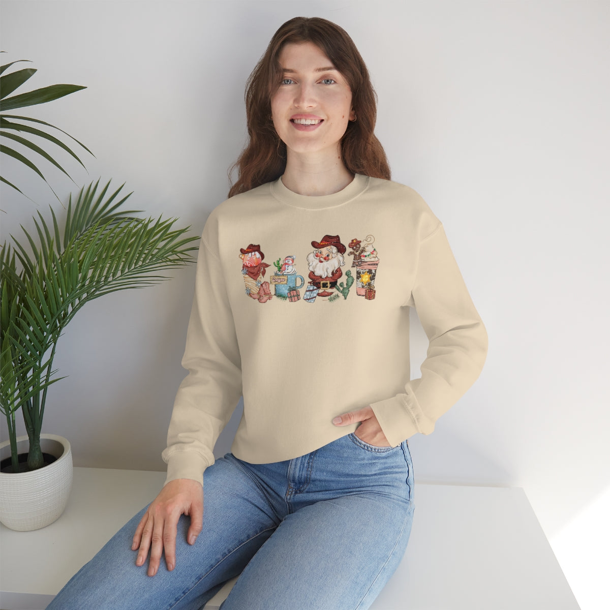 Christmas Coffee Sweatshirt Retro Western Santa