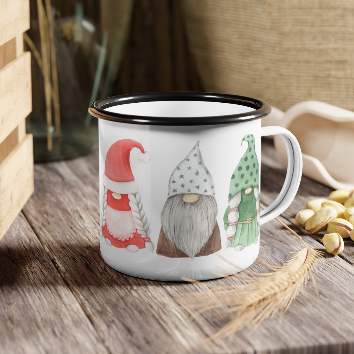 Scandinavian Gnomes Watercolor Enamel Camp Cup Mug