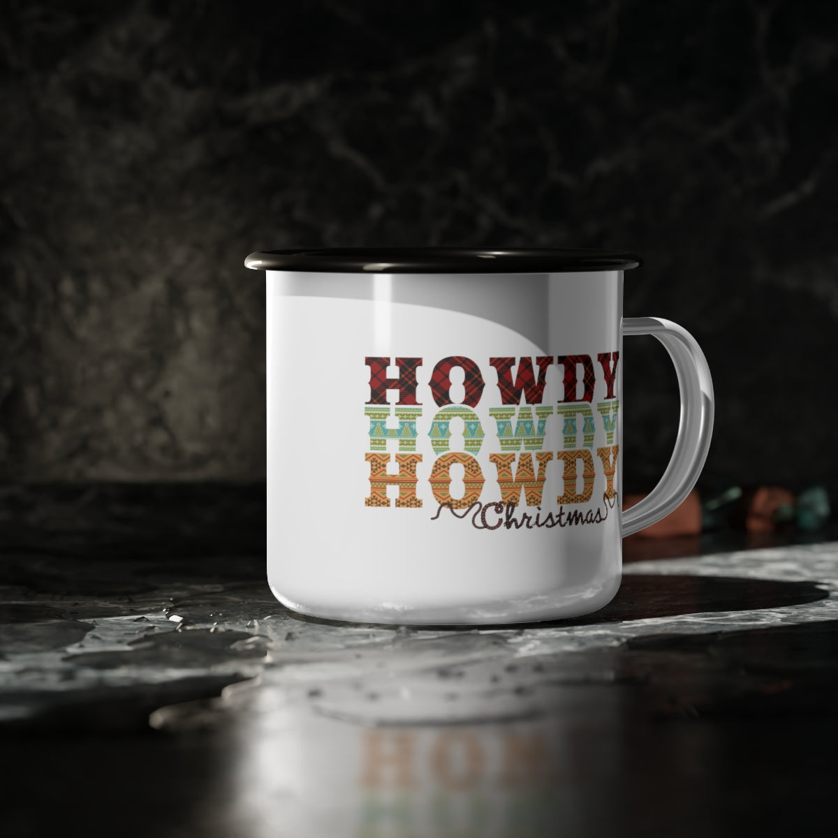 Howdy Christmas Plaid and Rope Black Rim Enamel Camp Cup Mug