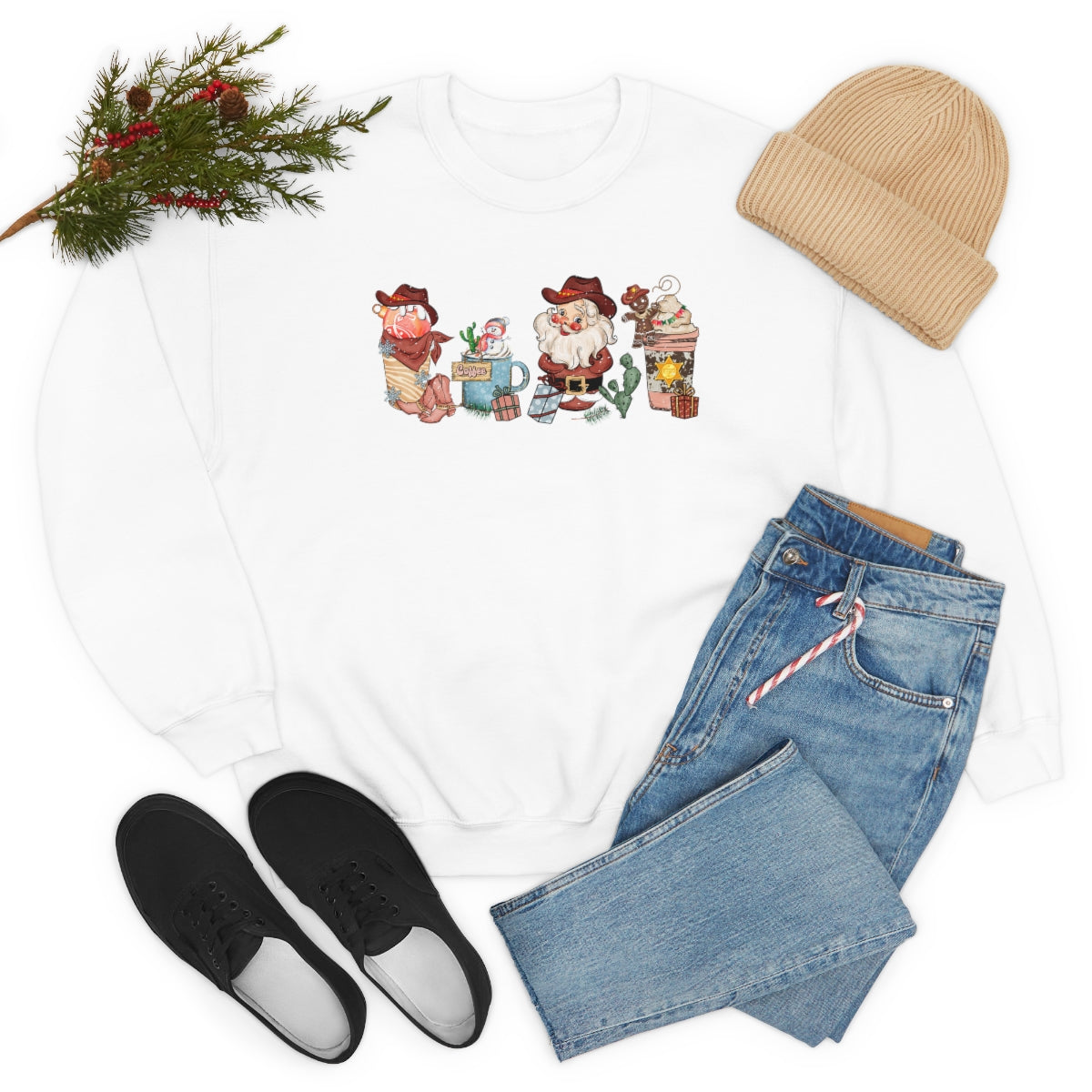 Christmas Coffee Sweatshirt Retro Western Santa