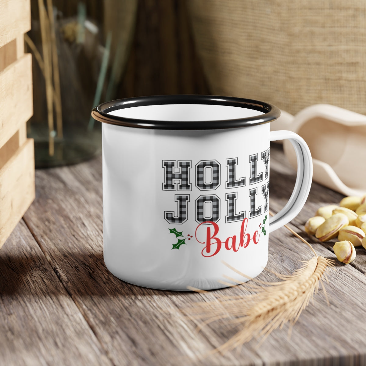 Holly Jolly Babe Black Rim Enamel Camp Cup Mug