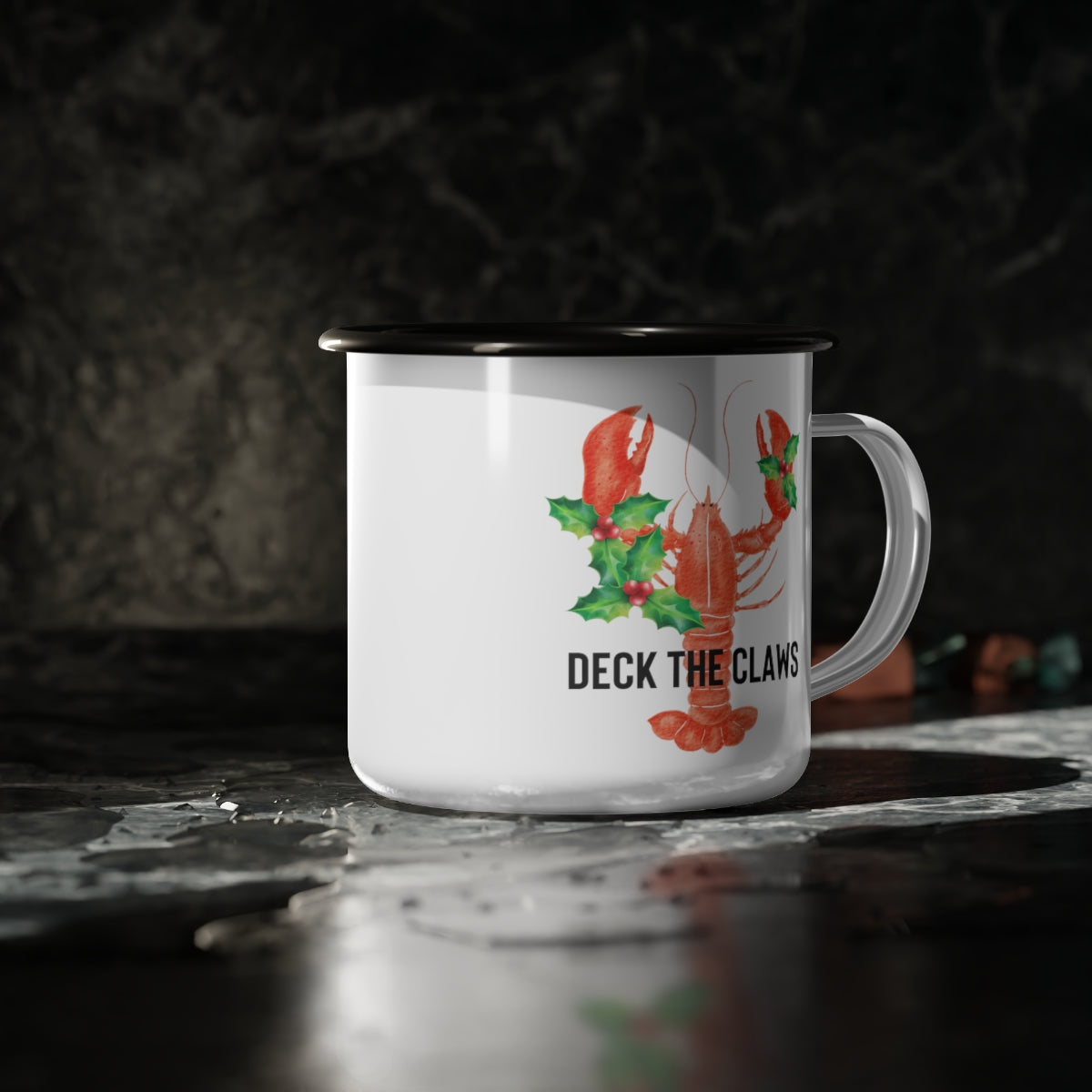 Deck the Claws Lobster Christmas Black Rim Enamel Camp Cup