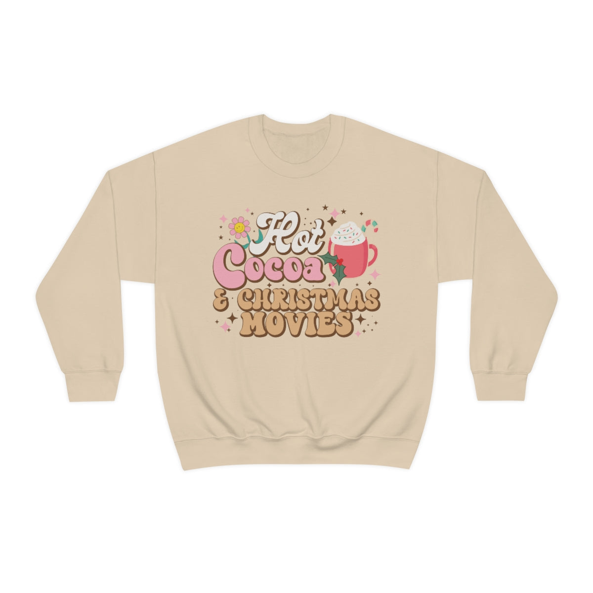Hot Cocoa and Christmas Movies Retro Christmas Sweatshirt for Women in Ash Grey