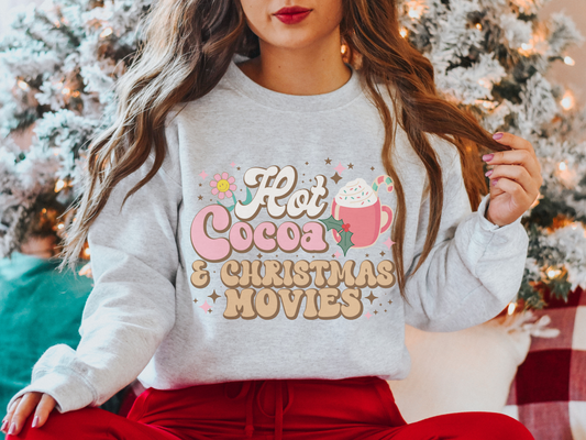 Hot Cocoa and Christmas Movies Retro Christmas Sweatshirt for Women in Ash Grey