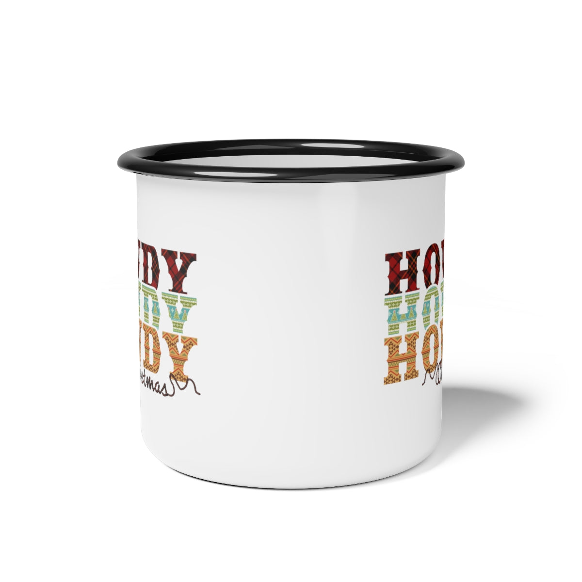 Howdy Christmas Plaid and Rope Black Rim Enamel Camp Cup Mug