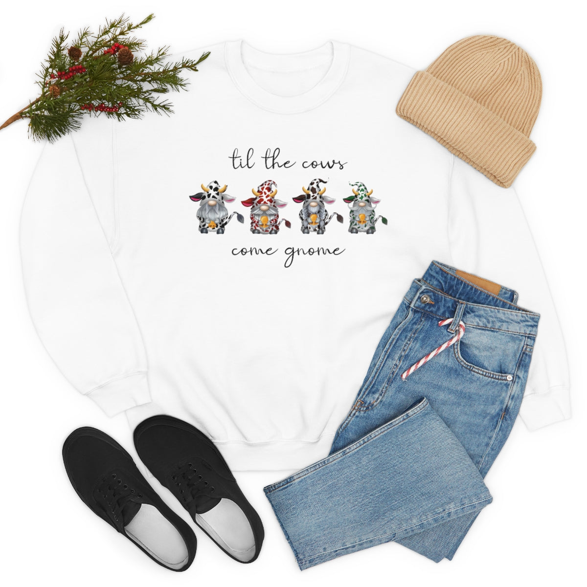 Til The Cows Come Gnome Sweatshirt for Women and Teens, Funny Gnome Gifts featuring Gnomes in Cowprint Sweaters