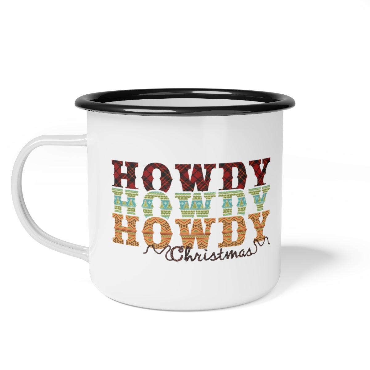 Howdy Christmas Plaid and Rope Black Rim Enamel Camp Cup Mug