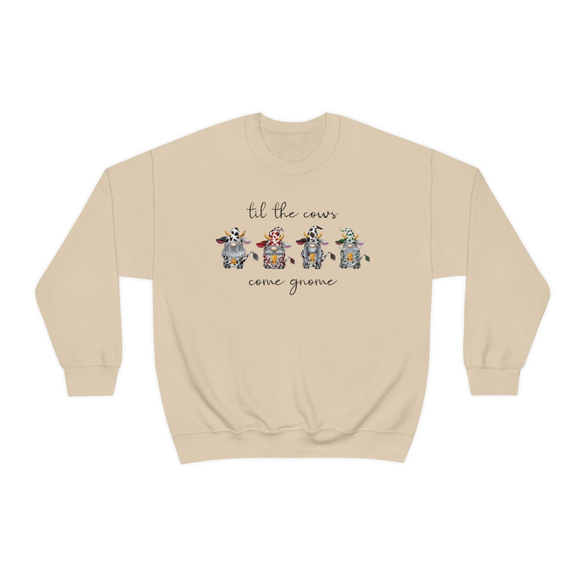 Til The Cows Come Gnome Sweatshirt for Women and Teens, Funny Gnome Gifts featuring Gnomes in Cowprint Sweaters