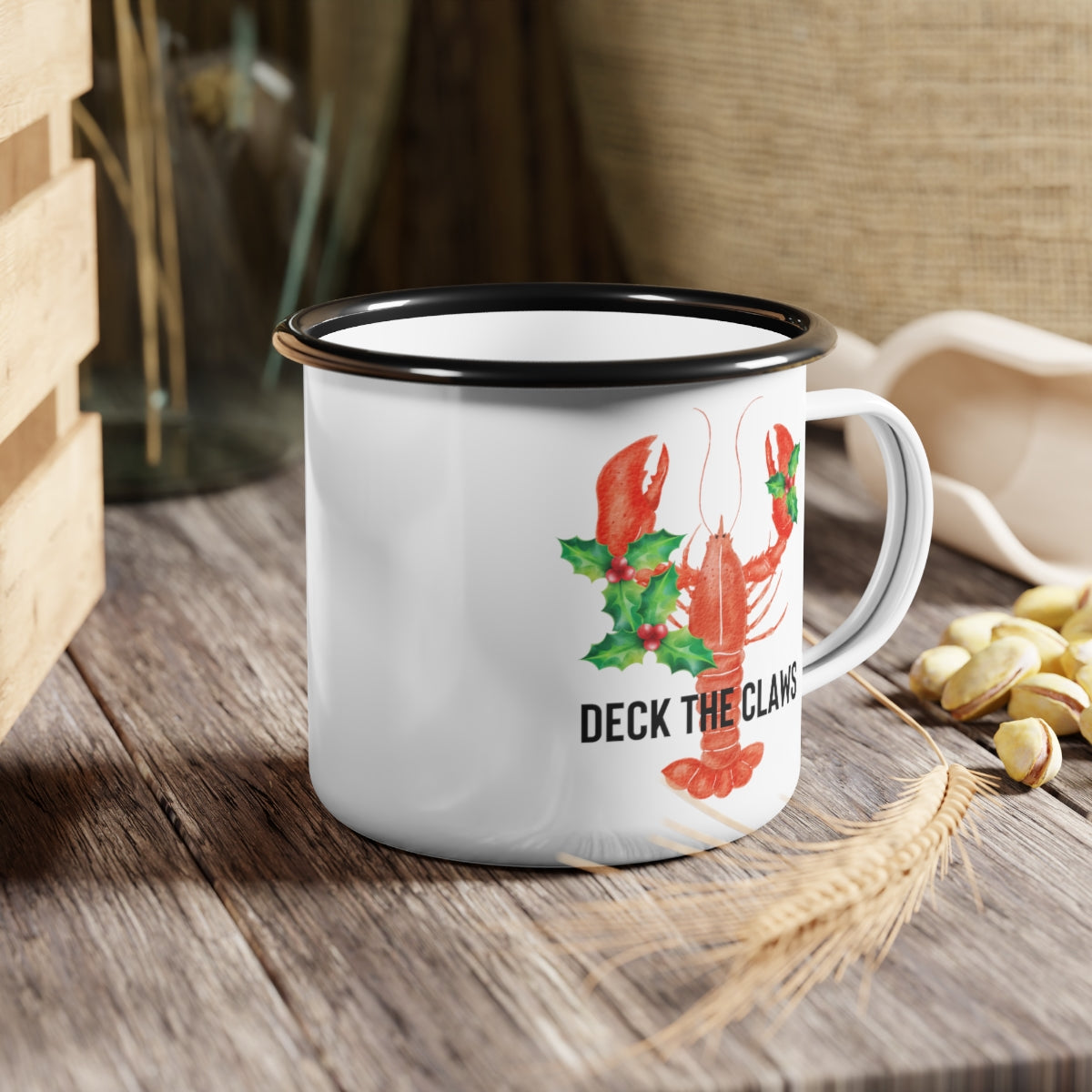 Deck the Claws Lobster Christmas Black Rim Enamel Camp Cup