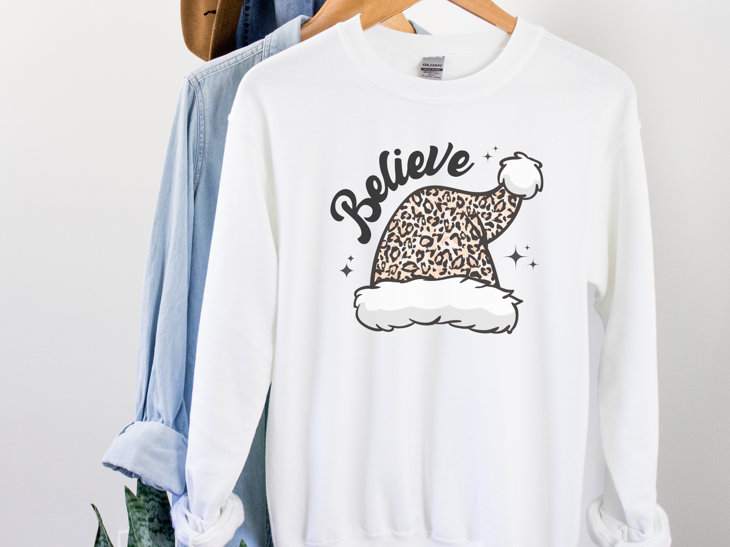 Believe Christmas Sweatshirt Leopard Santa Hat Holiday Apparel