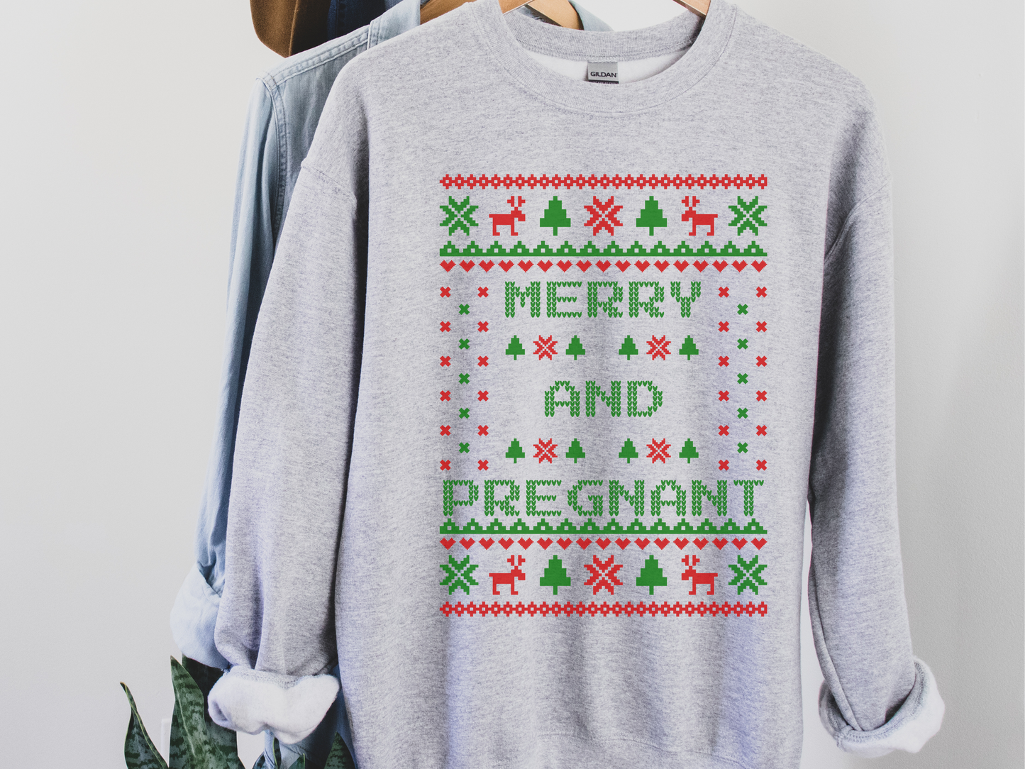 Merry and Pregnant Ugly Christmas Sweater Pregnancy Announcement Sweatshirt