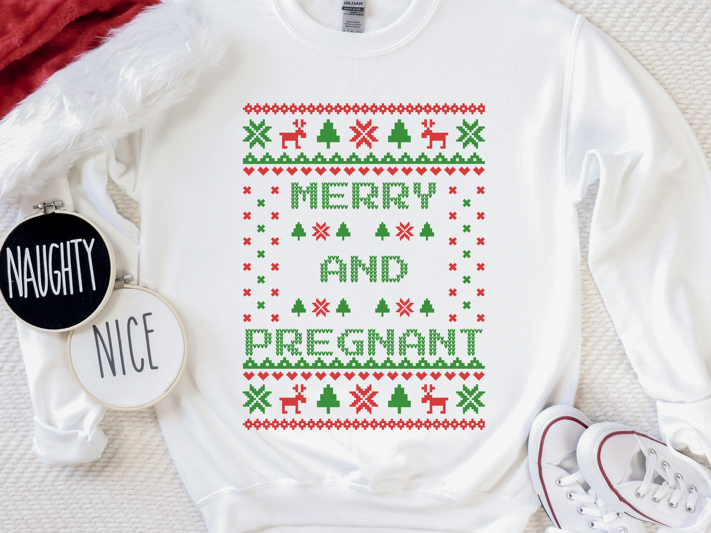 Merry and Pregnant Ugly Christmas Sweater Pregnancy Announcement Sweatshirt