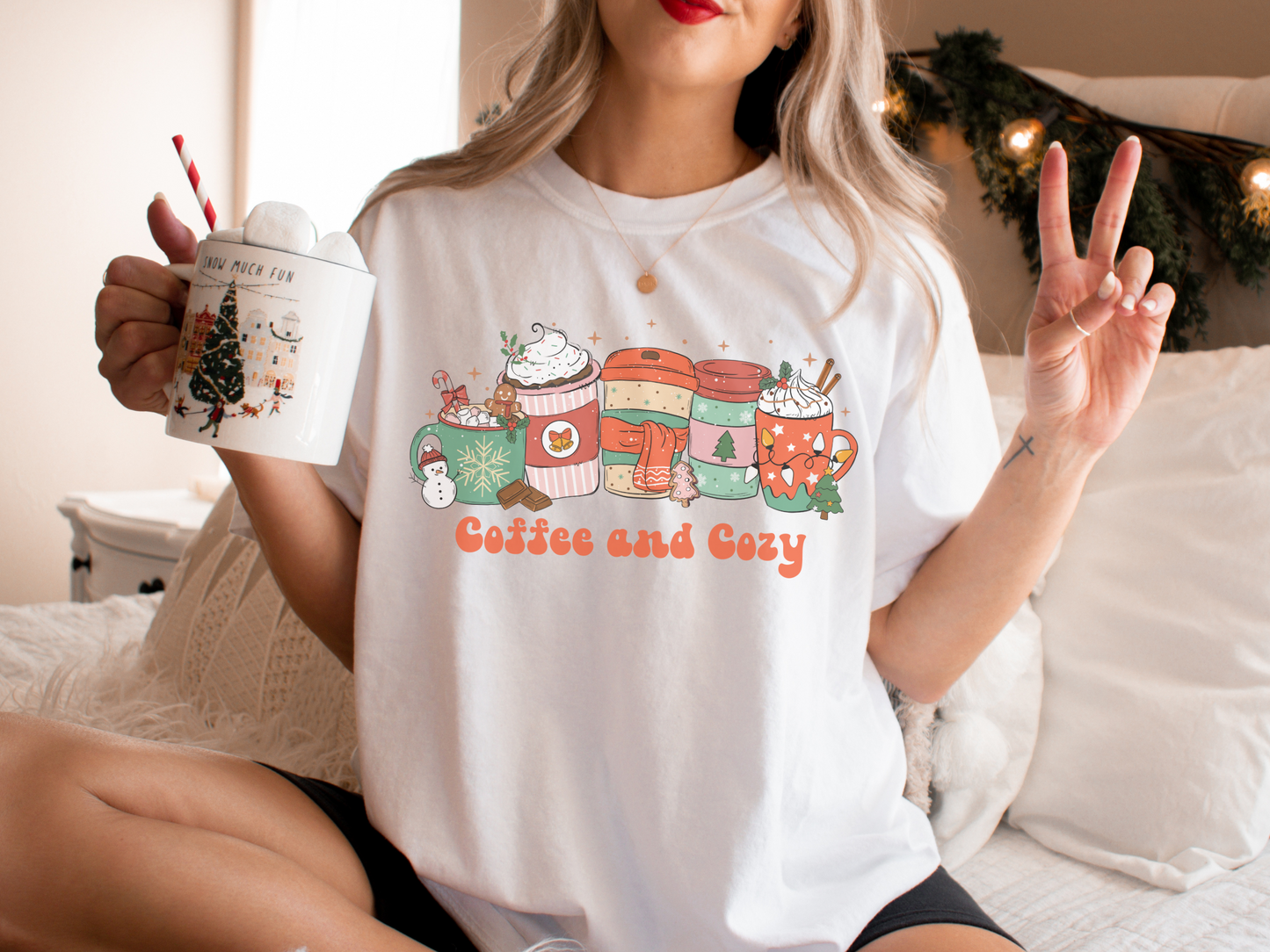 Coffee and Cozy Comfort Colors Retro Christmas Shirt, Christmas Coffee, Peppermint Latte Shirt, Holiday Apparel