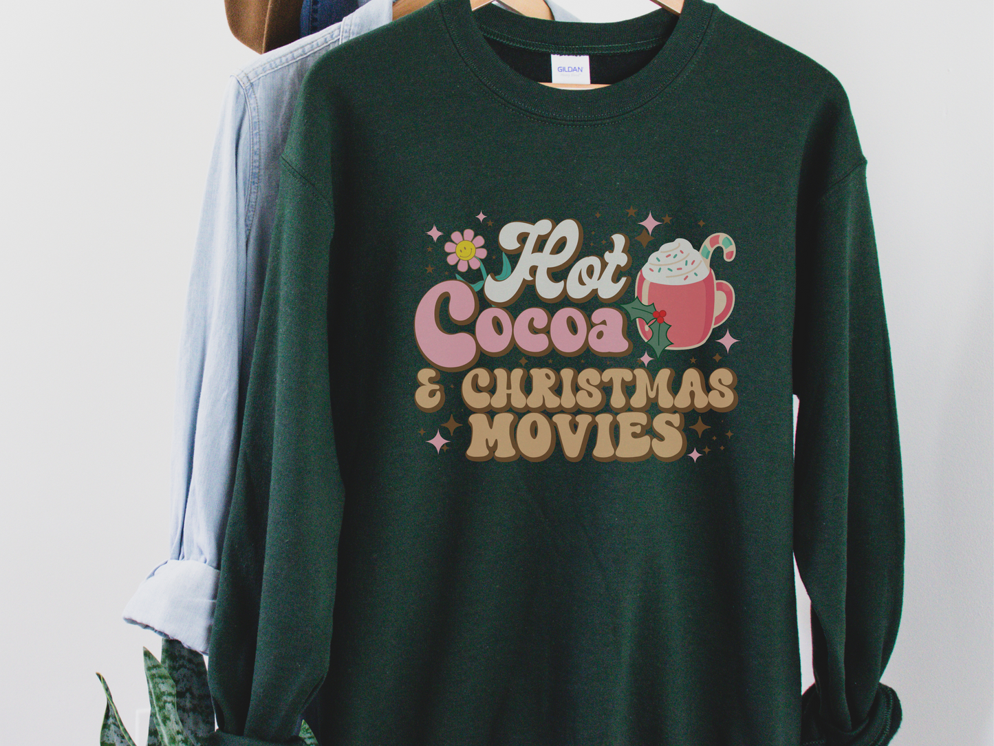 Hot Cocoa and Christmas Movies Retro Christmas Sweatshirt for Women in Ash Grey