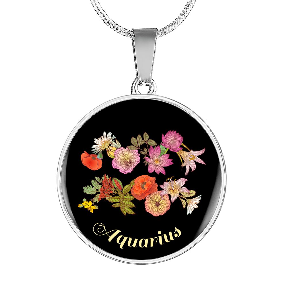 Zodiac Necklace, Aquarius Sign Floral Bouquet Pendant