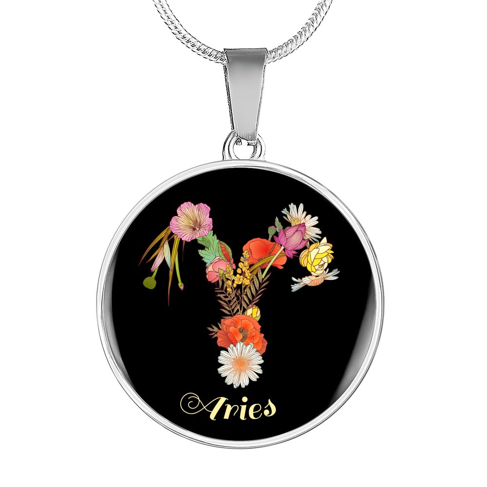 Zodiac Necklace, Aries Sign Floral Bouquet Pendant