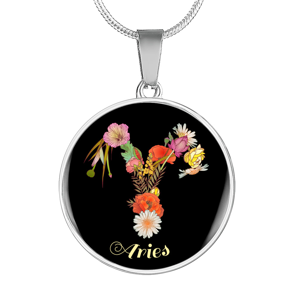 Zodiac Necklace, Aries Sign Floral Bouquet Pendant