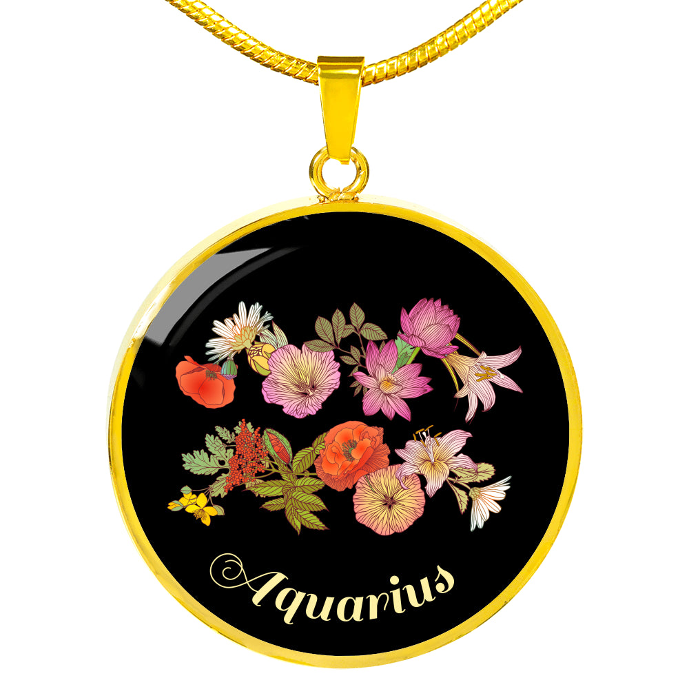 Zodiac Necklace, Aquarius Sign Floral Bouquet Pendant