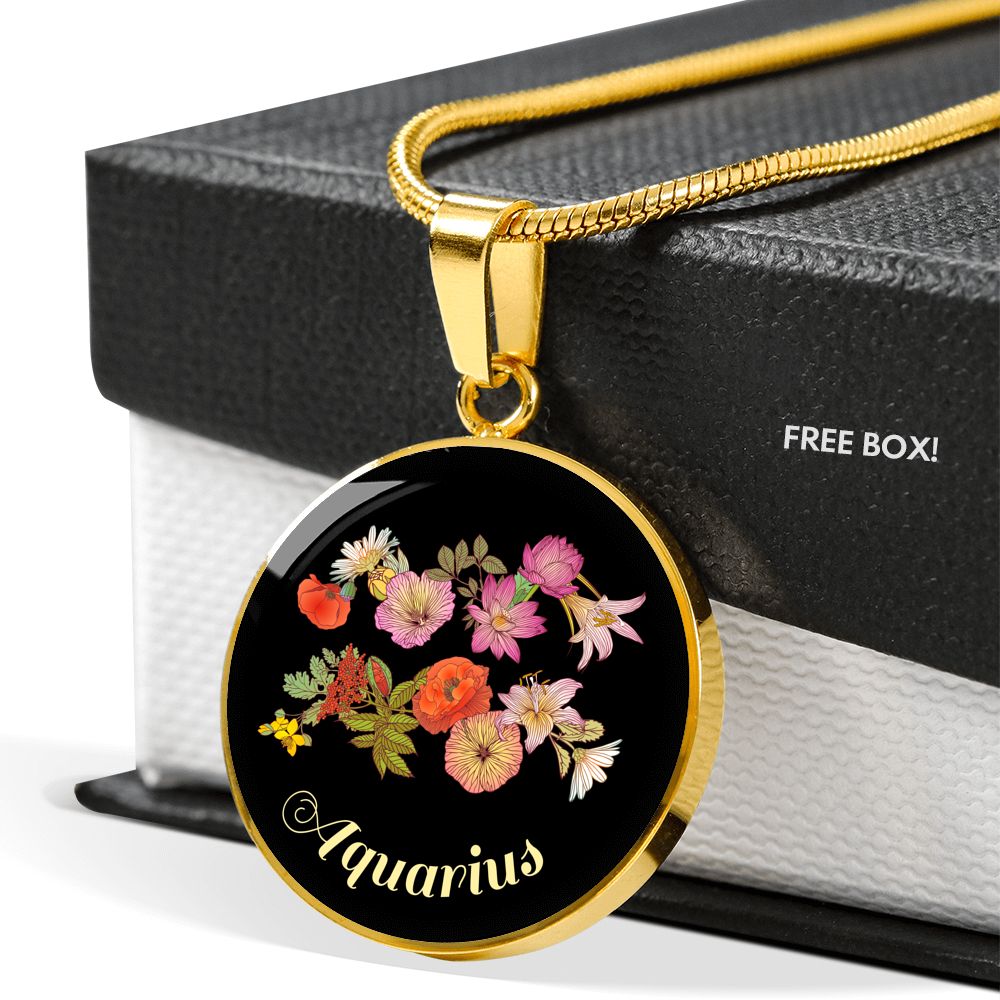 Zodiac Necklace, Aquarius Sign Floral Bouquet Pendant
