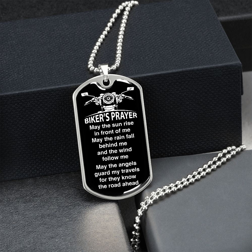 Biker's Prayer Dog Tag Necklace with Military Chain