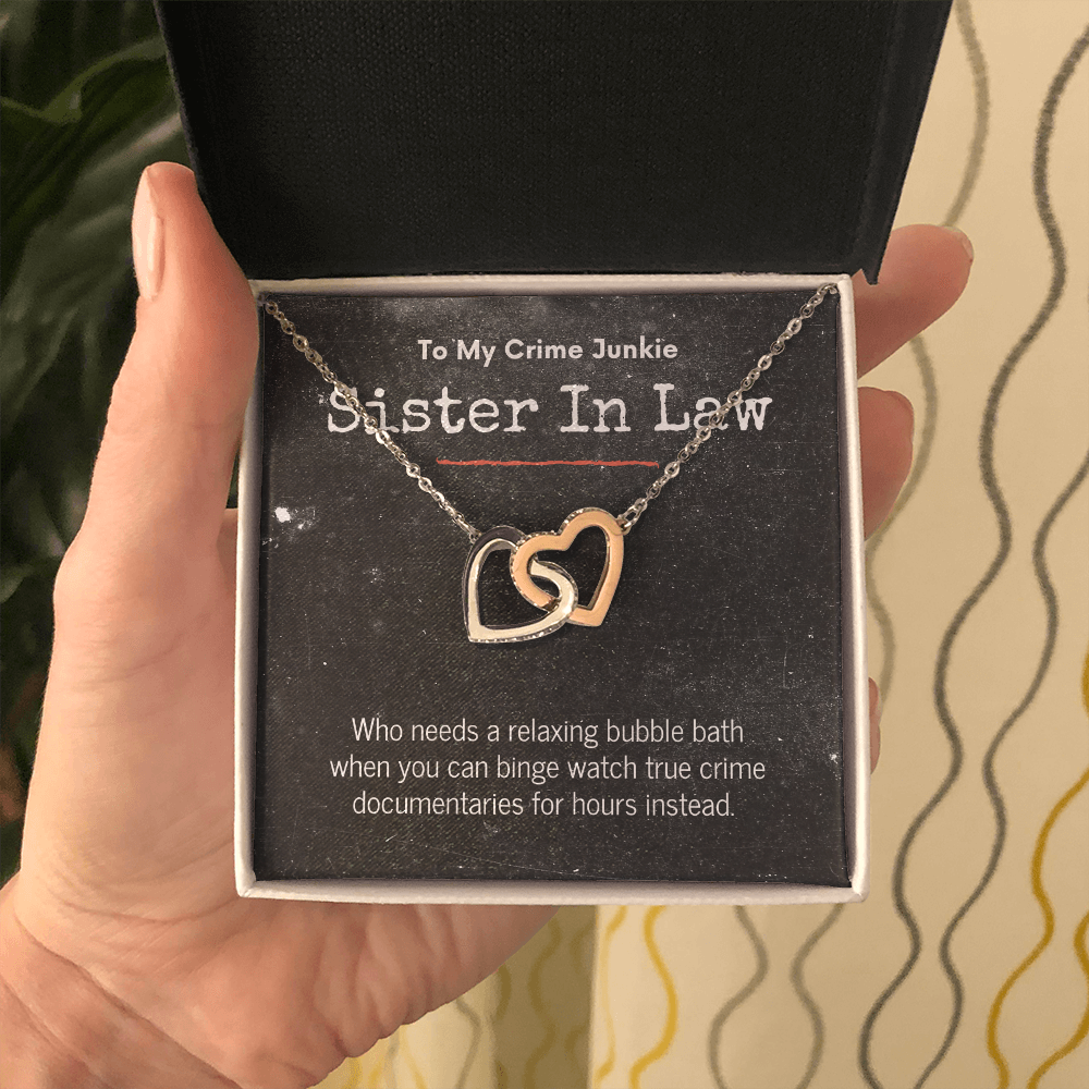 True Crime Junkie Sister In Law Gift, Interlocking Hearts Necklace