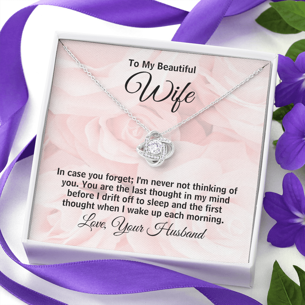 To My Beautiful Wife Love Knot Pendant Necklace Rose Background Message Card