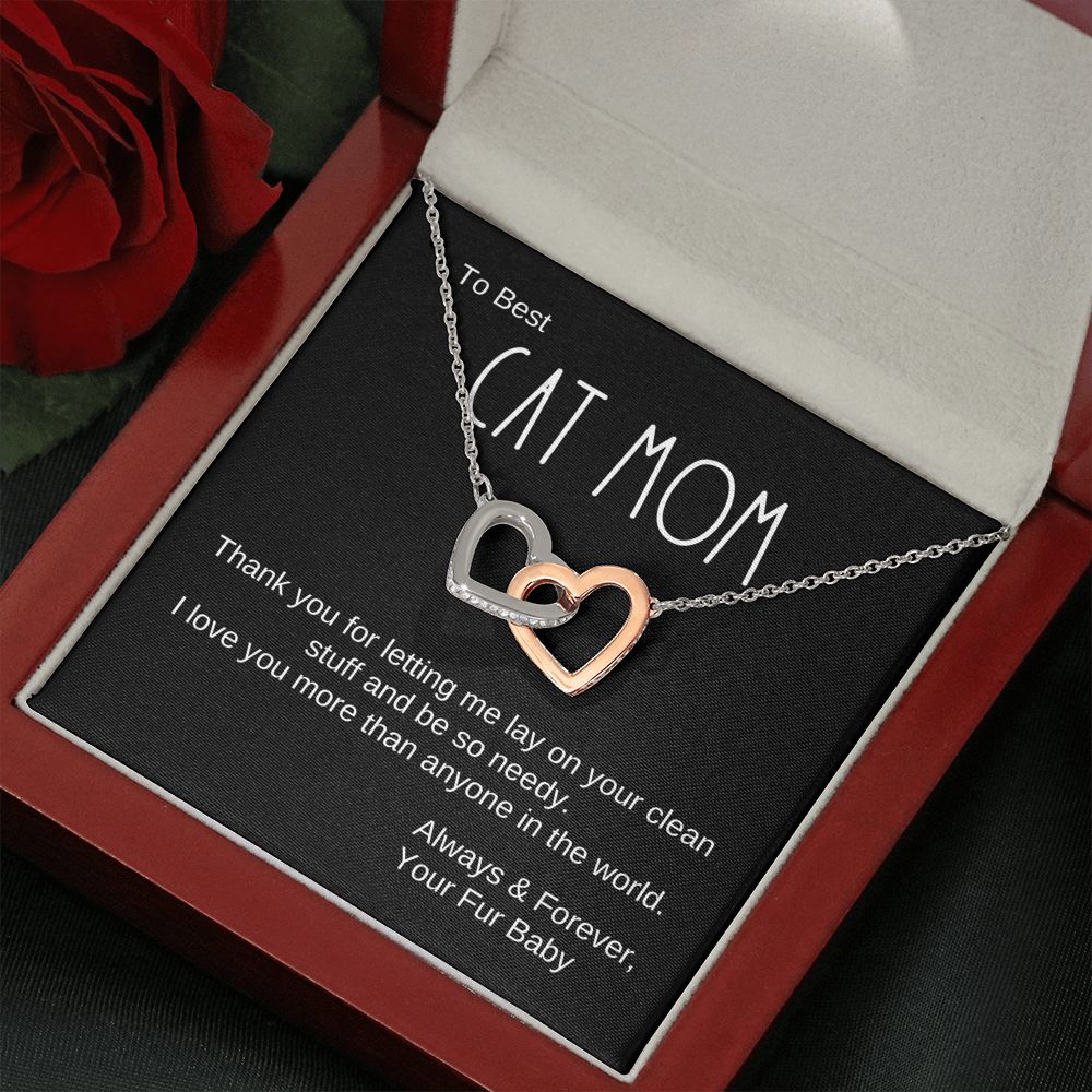Cat Mom Gift, Interlocking Hearts Pendant Necklace