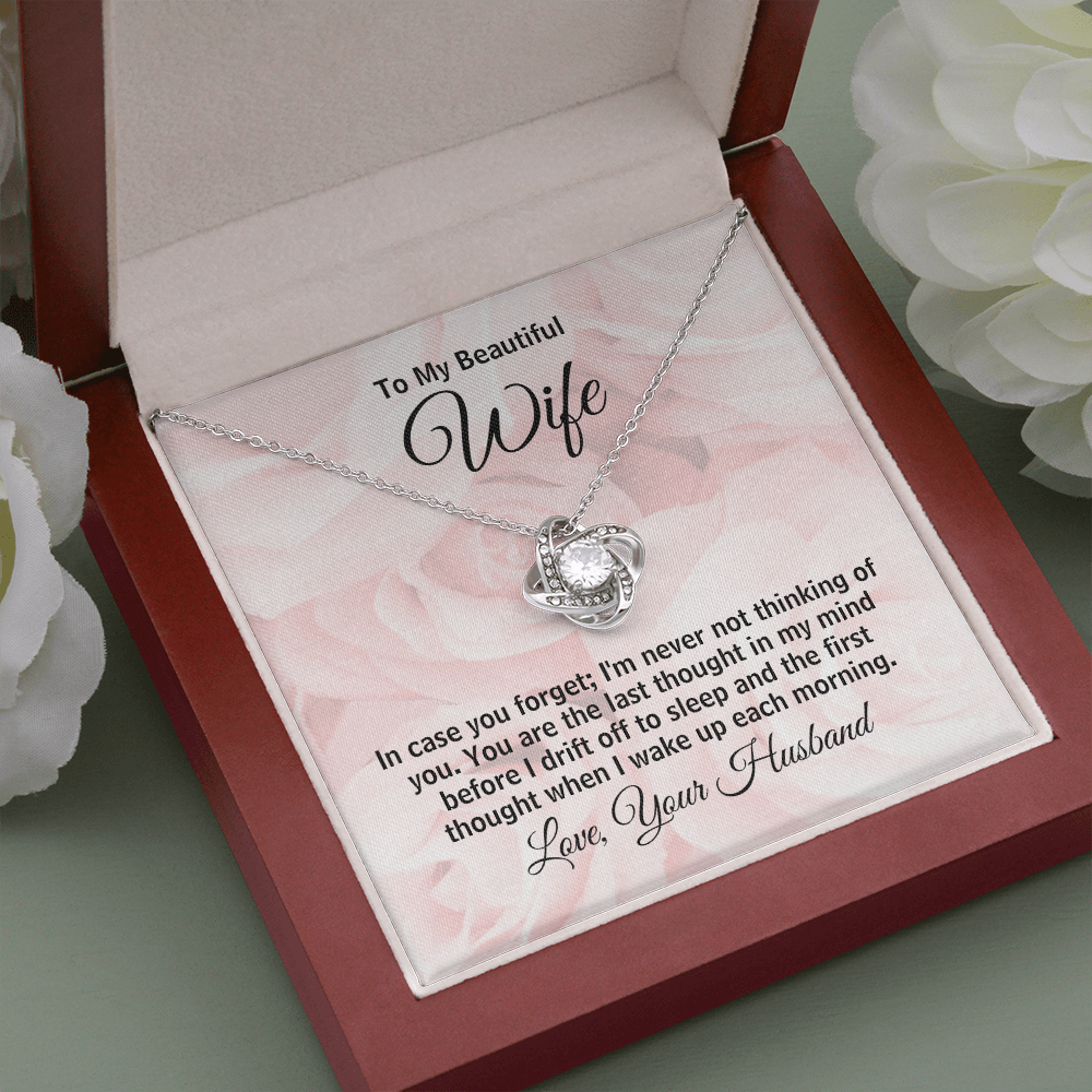 To My Beautiful Wife Love Knot Pendant Necklace Rose Background Message Card