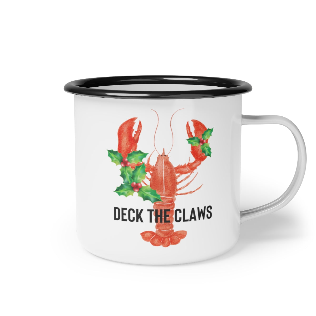 Deck the Claws Lobster Christmas Black Rim Enamel Camp Cup